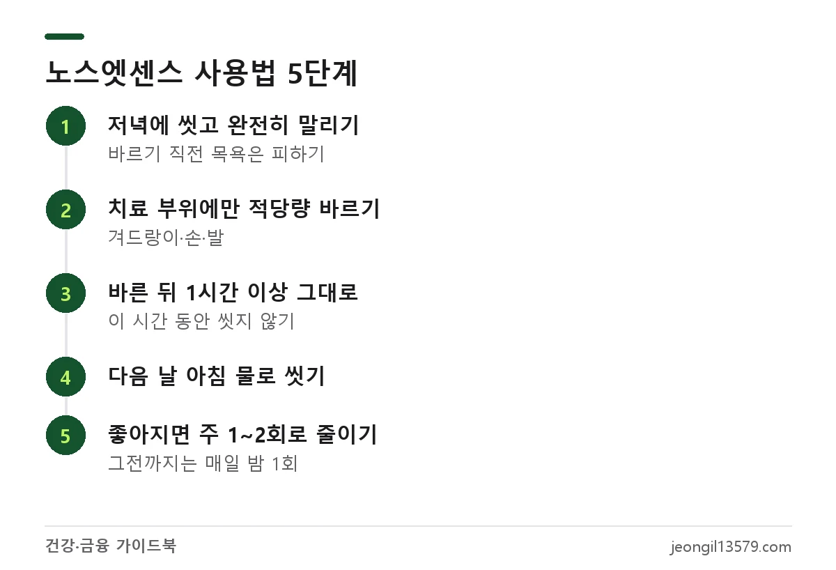 노스엣센스 사용법: 저녁에 피부를 말리고 바른 뒤 아침에 씻어내는 순서