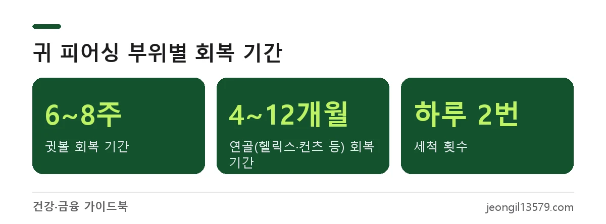 귓볼 피어싱 6~8주, 연골 피어싱 4~12개월 회복 기간과 하루 2번 세척
