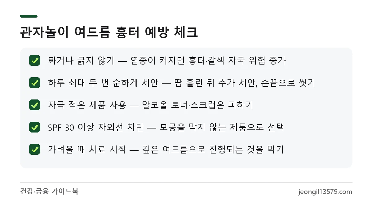 관자놀이 여드름 흉터 예방법 체크리스트: 짜지 않기, 순한 세안, 자극 적은 제품, 자외선 차단, 초기 치료