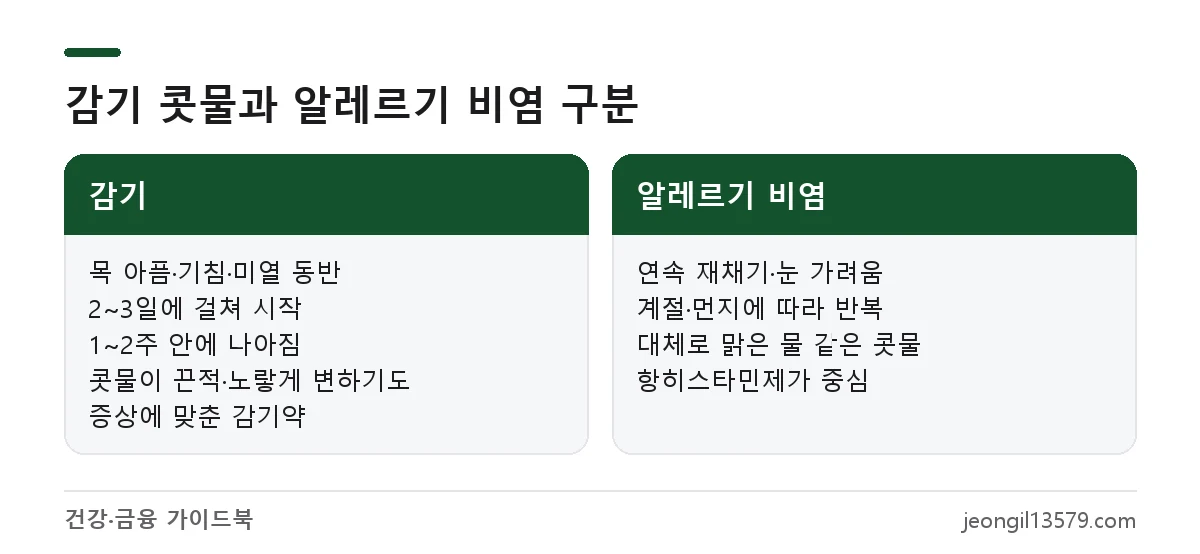 감기 콧물과 알레르기 비염 콧물의 증상, 경과, 맞는 약 비교