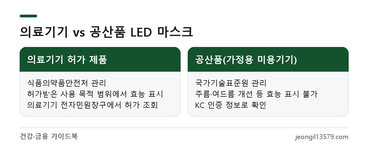 LED 마스크 의료기기 허가 제품과 공산품 미용기기의 관리 기관, 효능 표시, 확인 방법 비교