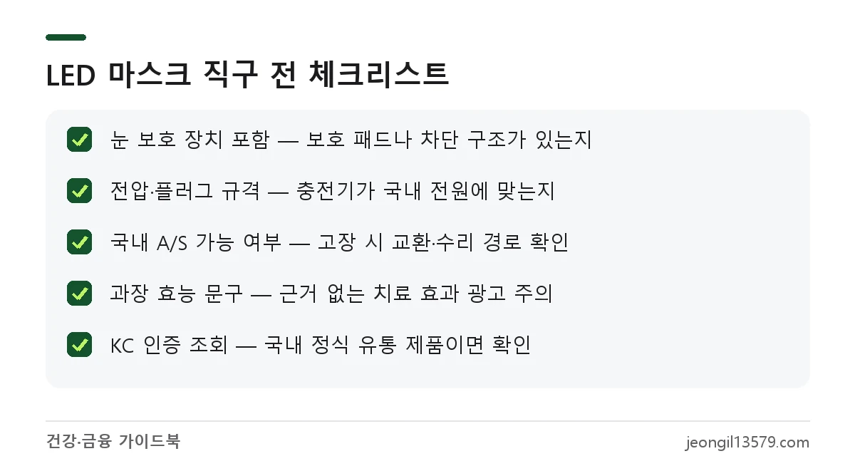 해외직구 LED 마스크 구매 전 눈 보호 장치, 전압, A/S, 광고 문구, KC 인증 확인 체크리스트