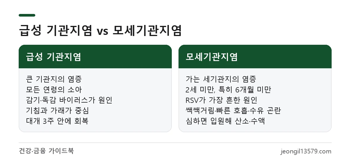 아이 급성 기관지염과 RSV 모세기관지염의 염증 부위, 나이, 원인, 증상 차이 비교
