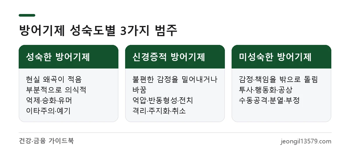 방어기제 종류를 성숙한, 신경증적, 미성숙한 방어기제로 나눠 특징과 예를 비교한 그림