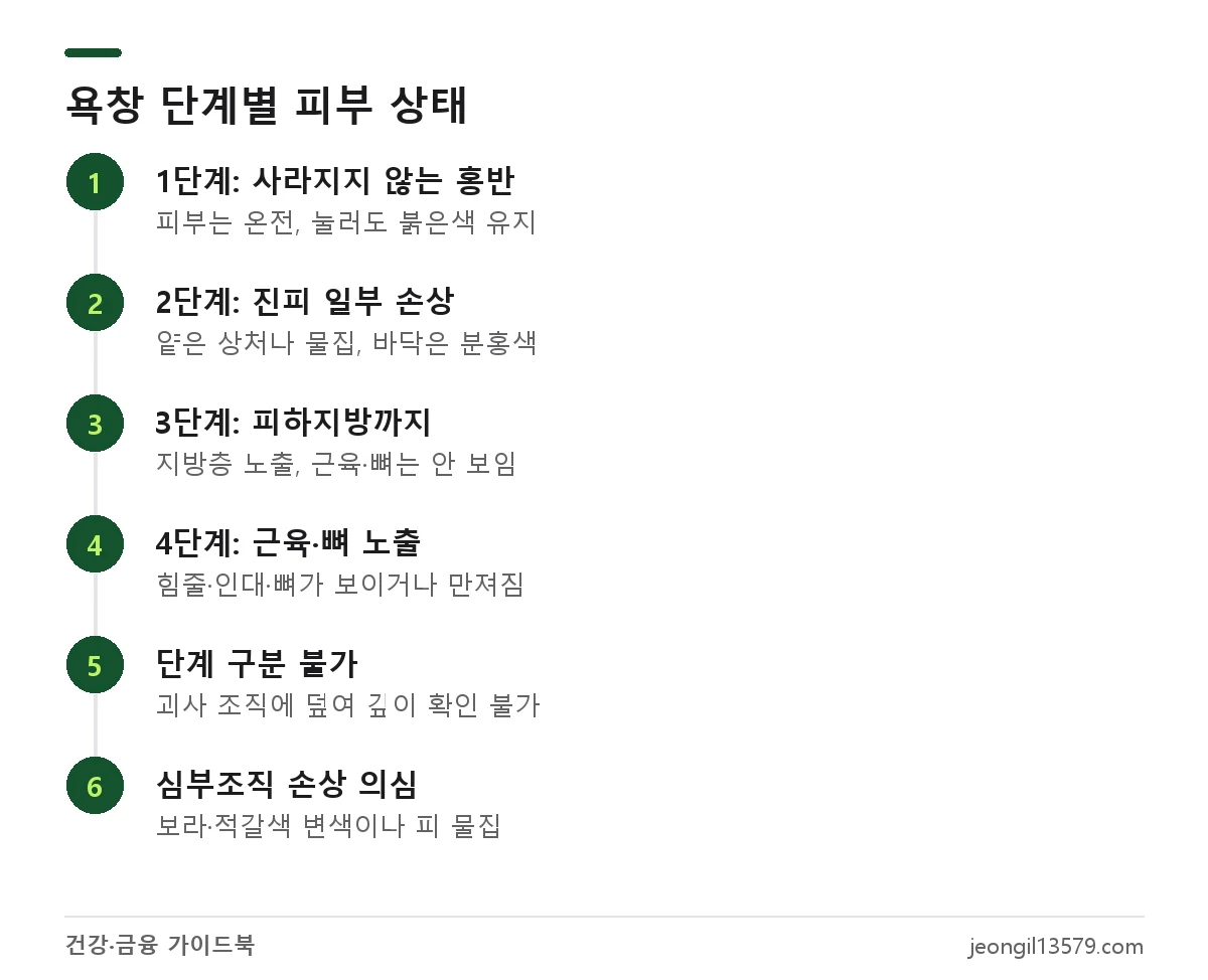 욕창 단계 1단계부터 4단계, 단계 구분 불가, 심부조직 손상 의심까지 피부 상태와 손상 범위 정리
