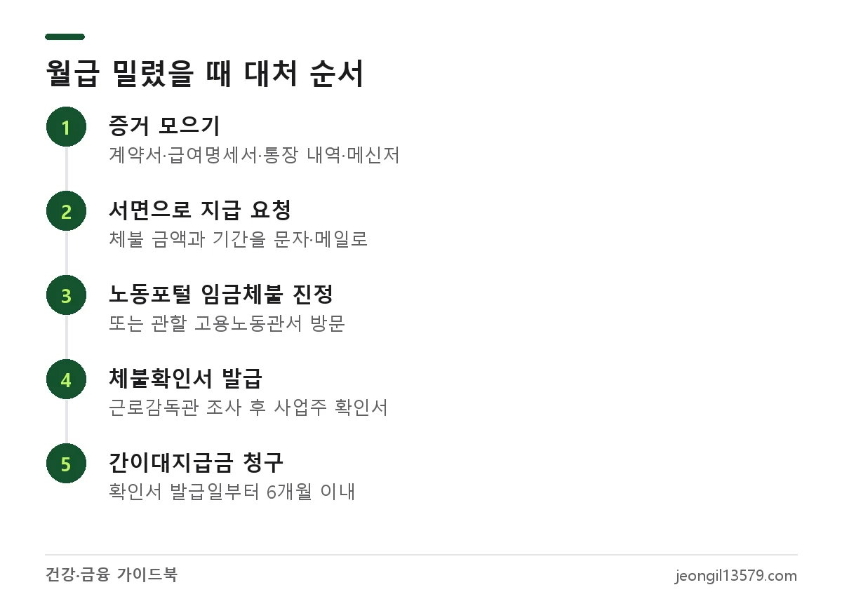 월급 밀리는 회사 임금체불 대처 순서: 증거 수집, 서면 요청, 노동포털 진정, 체불확인서, 간이대지급금 청구
