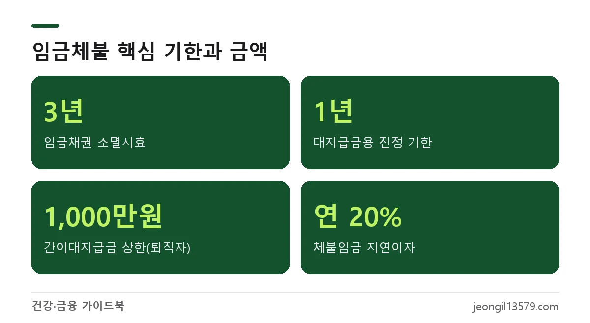 임금체불 소멸시효 3년, 대지급금 진정 기한 1년, 간이대지급금 퇴직자 최대 1,000만원, 지연이자 연 20%