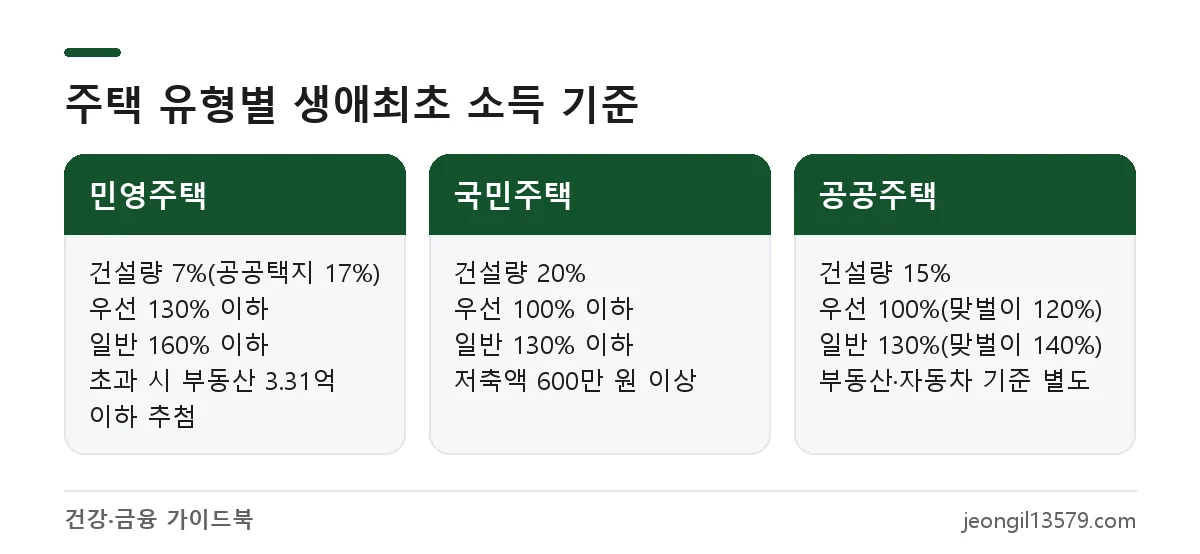 생애최초 특별공급 민영주택, 국민주택, 공공주택의 소득 기준과 청약통장 조건 비교