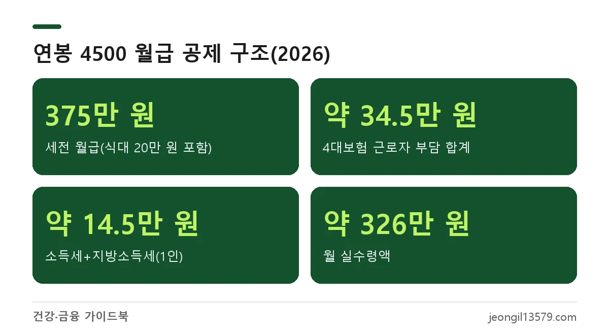 연봉 4500 실수령액 2026년 기준 세전 월급 375만 원에서 4대보험과 세금을 뺀 월 약 326만 원 구조